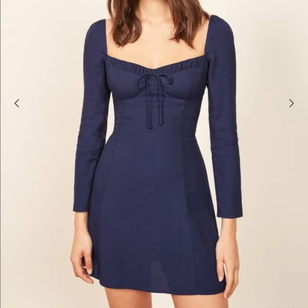Reformation Sydney Long Sleeve Bow Tie Mini Dress in Blue/Danube NWOT